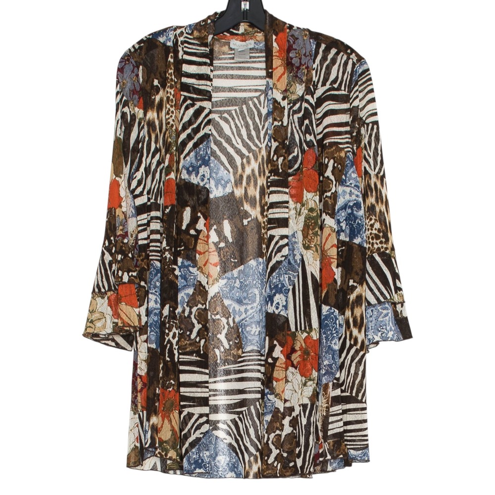 Cardigan Animal Print Patchwork Sheer Mesh Open Front Bell Sleeve Boho Artsy M